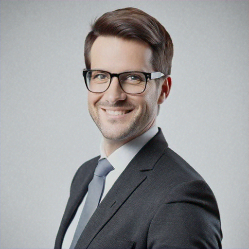 A professional-looking individual with short brown hair and glasses smiling against a plain background.