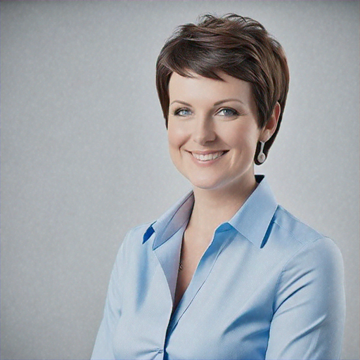 A professional-looking individual with short brown hair and a friendly smile wearing a blue collared shirt.